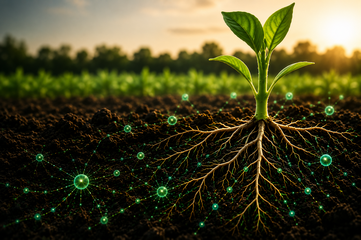 Gezonde plant met zichtbaar wortelstelsel in de bodem